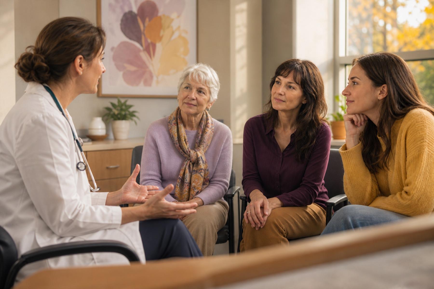 A family physician speaking with patients across different life stages