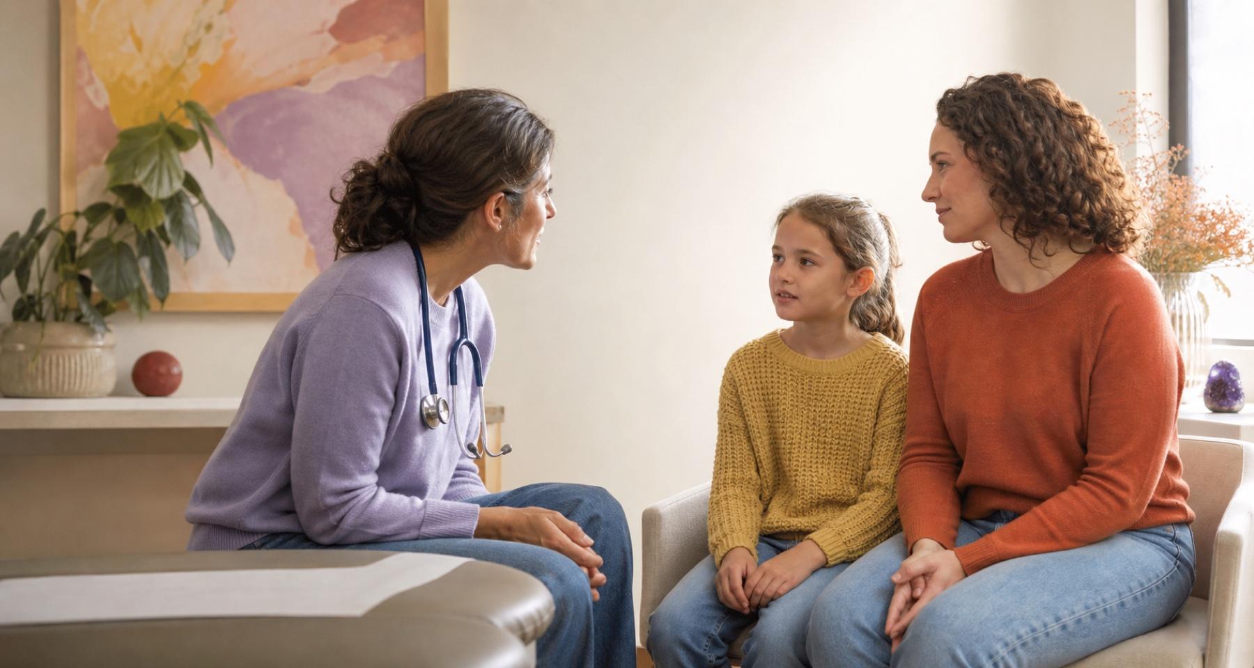 A family physician speaking with a parent and child